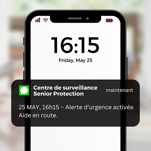 Mobile phone displaying Senior Protection emergency alert notification