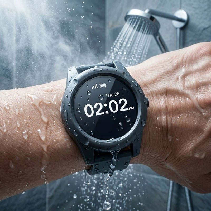 Senior woman using waterproof medical alert watch in shower