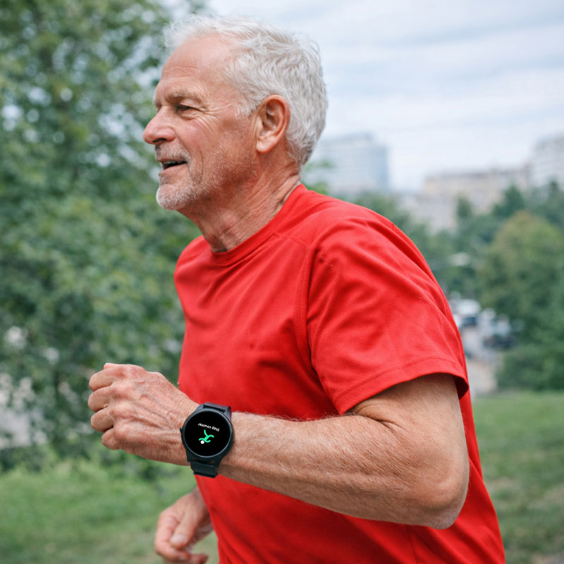 Senior woman wearing our medical alert smartwatch for safety