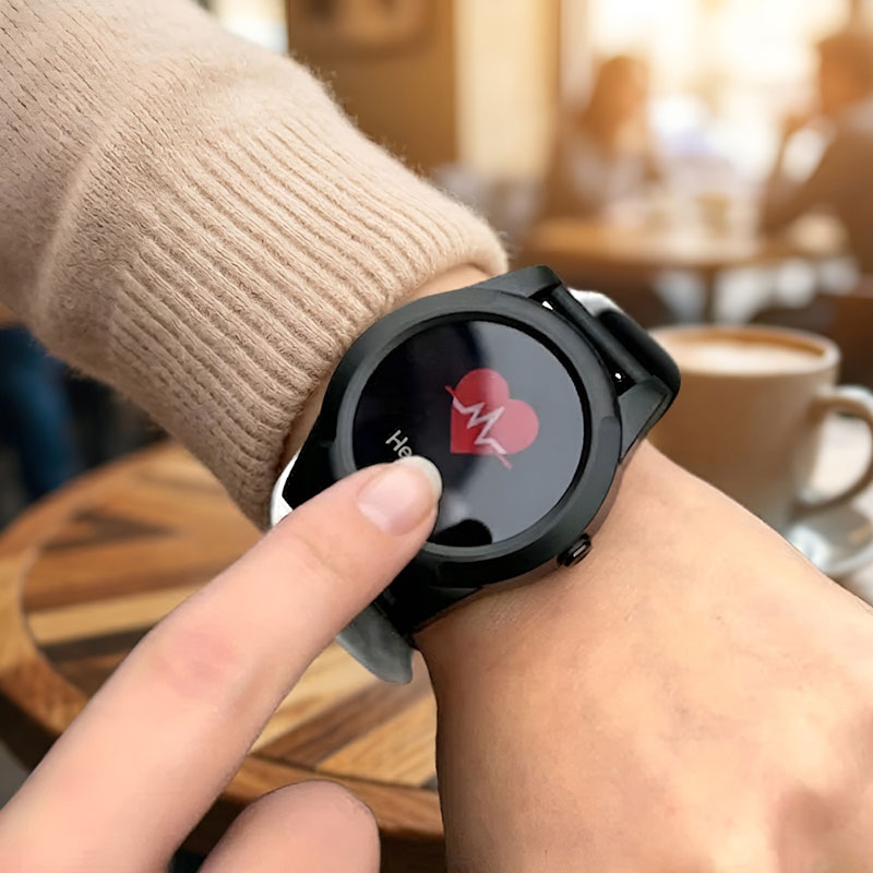 Medical alert smartwatch showing the heart-rate monitor securely worn on the wrist