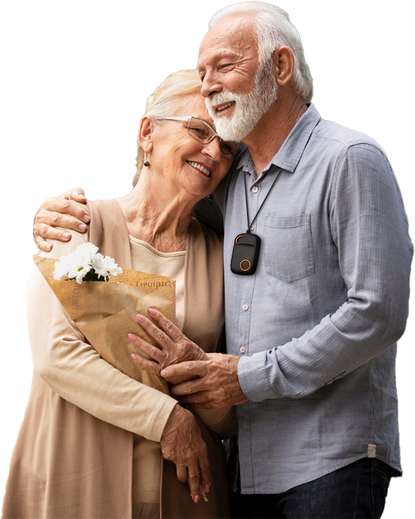 Senior couple wearing PCC medical alarm device and are happy and peaceful